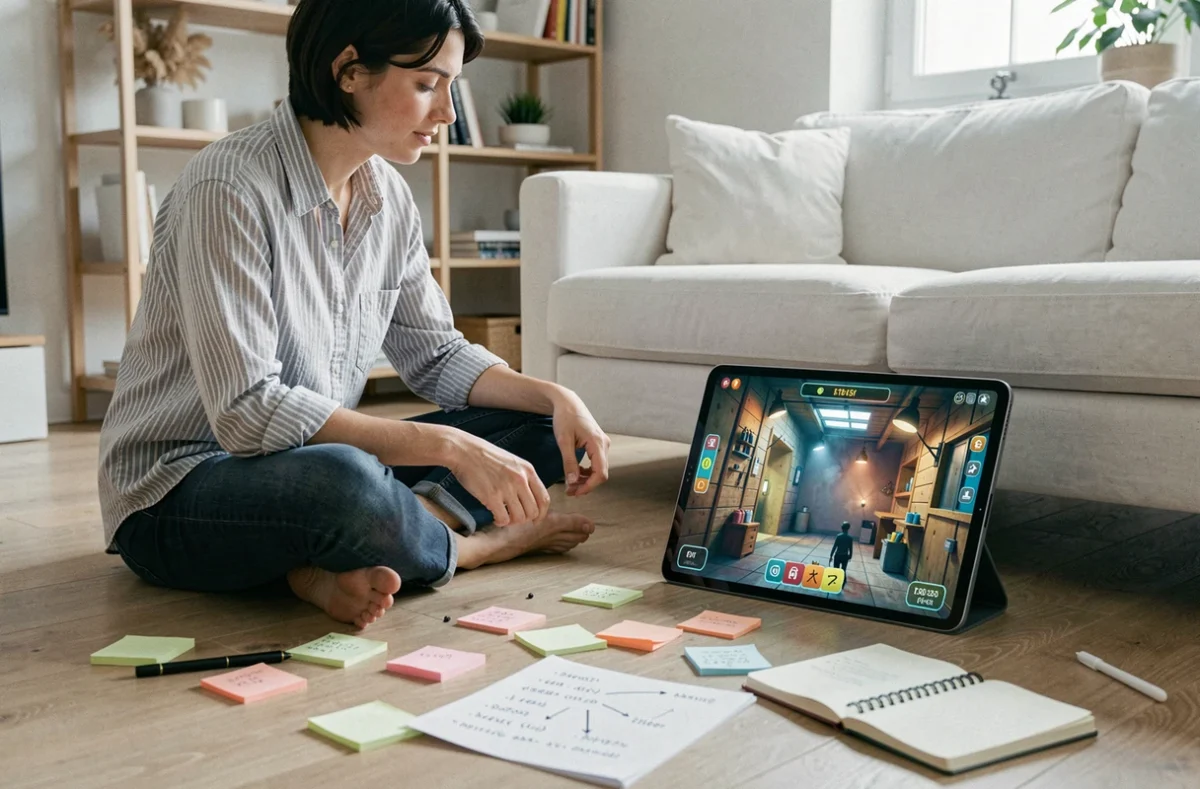 Femme jouant à un jeu d'escape room sur tablette entourée de notes de solutions sur le sol d'un appartement moderne