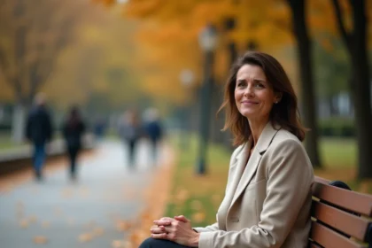 Femme souriante avec résilience assise sur un banc de parc en automne, illustrant le courage de surmonter les épreuves