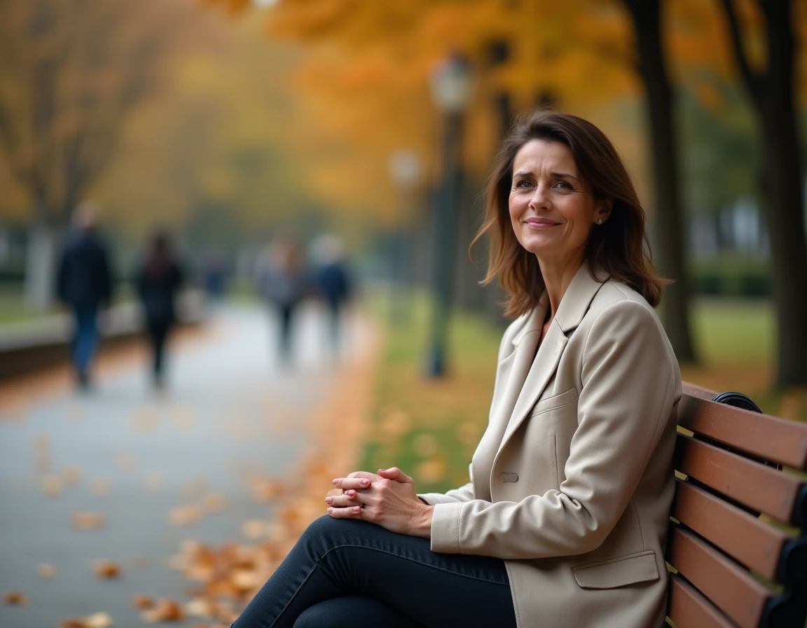 Femme souriante avec résilience assise sur un banc de parc en automne, illustrant le courage de surmonter les épreuves