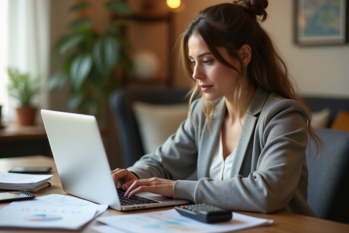 Femme concentrée travaillant sur ses finances à la maison