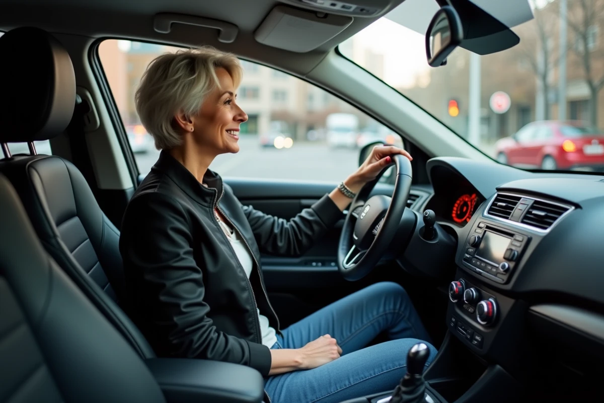 Femme réglant la radio dans sa voiture en ville