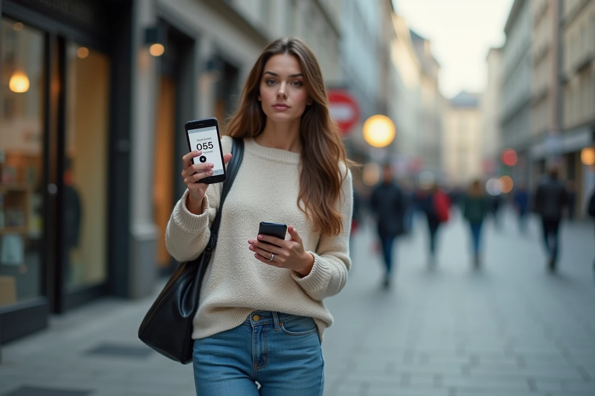 Jeune femme urbaine tenant son téléphone avec historique d
