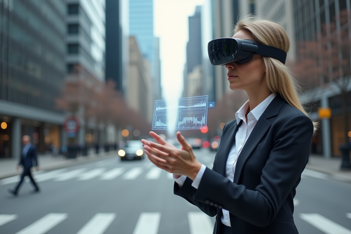 Femme urbaine portant un viseur AR examine des données