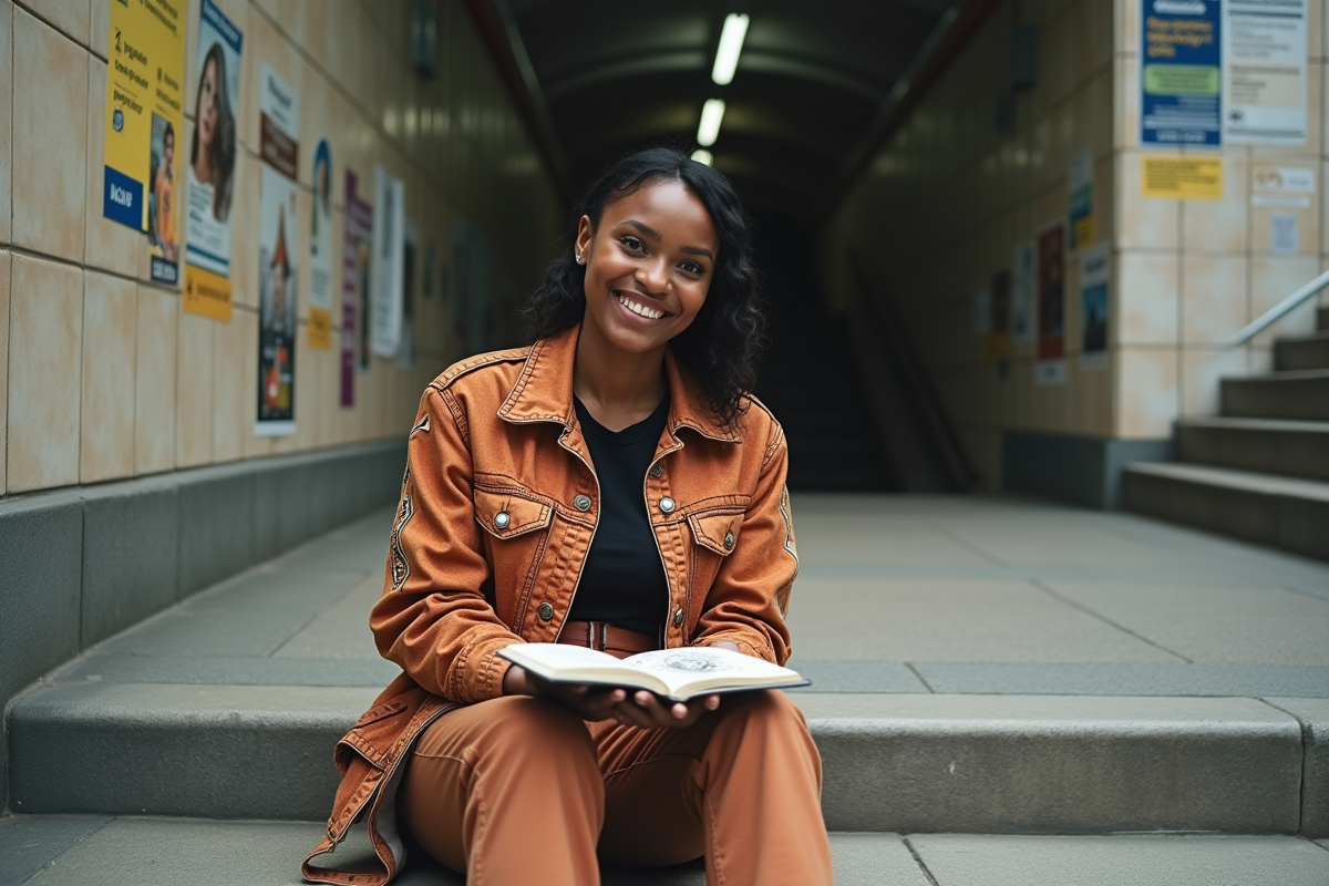Femme noire assise avec carnet dans un décor urbain