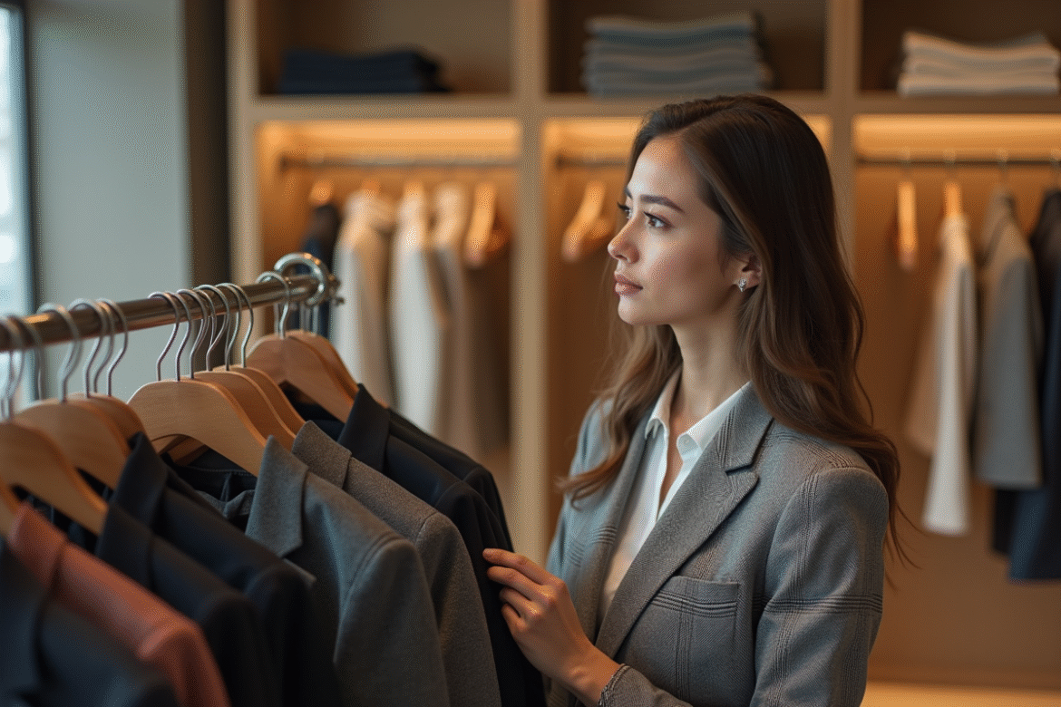 Femme en boutique examinant une veste à carreaux élégante