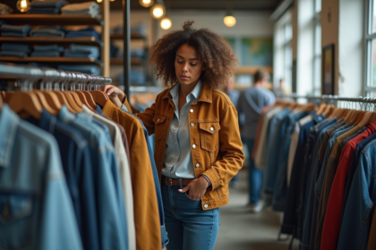 Femme examinant un manteau d'occasion dans une boutique de thrift