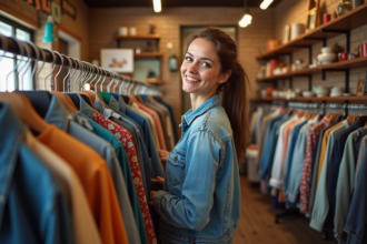 Femme souriante dans une boutique vintage colorée