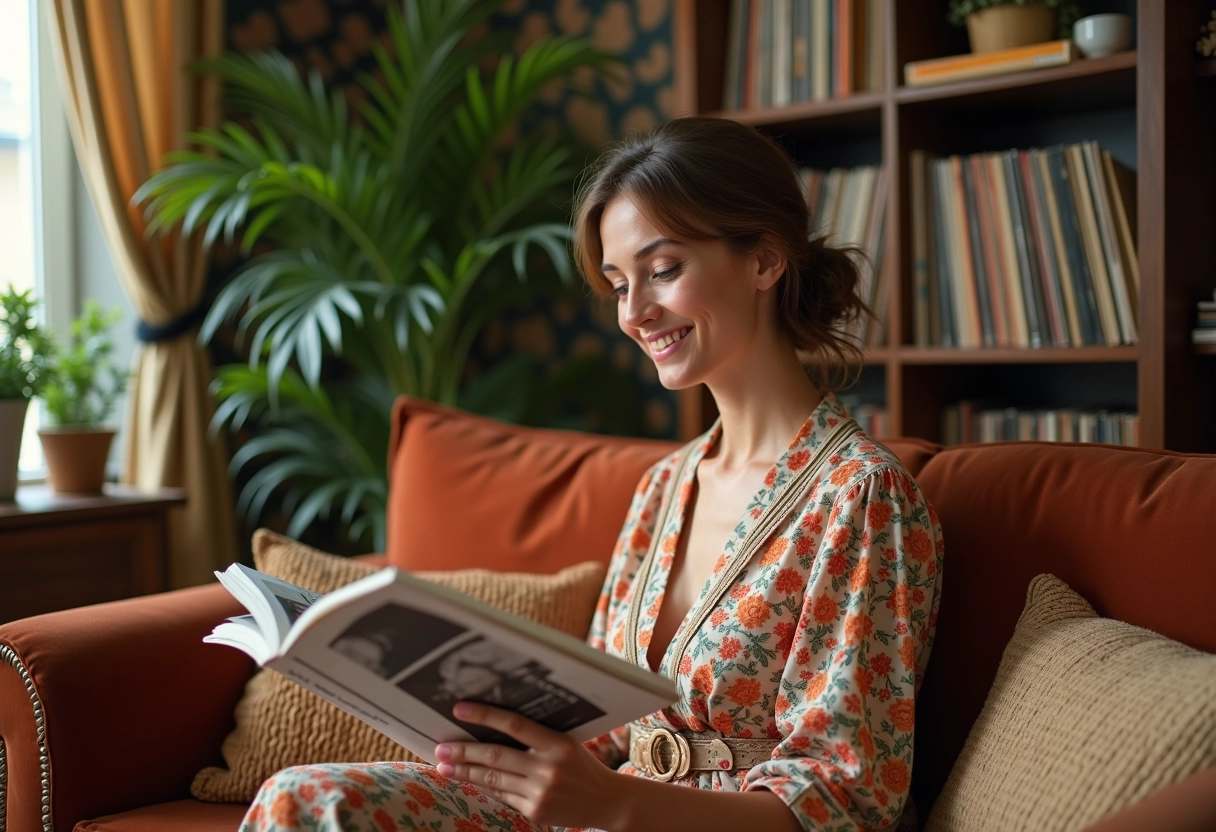 Femme en robe vintage 70s dans un salon cosy