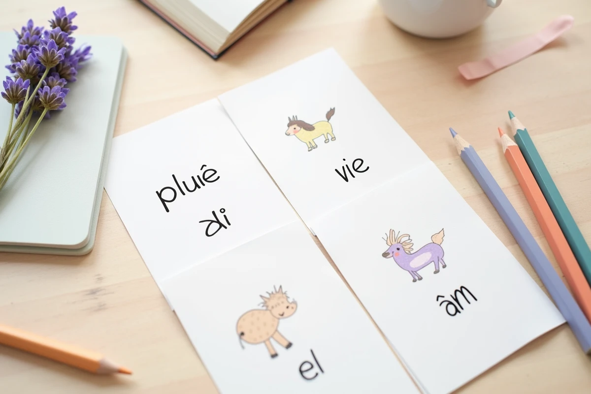 Vue de dessus de fiches de vocabulaire manuscrites avec des mots rimant en i pour une activité de comptine en maternelle