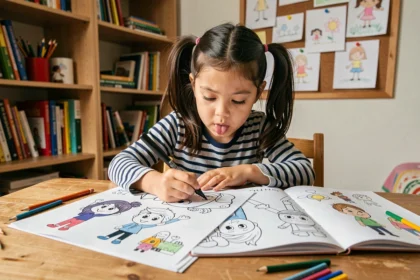Petite fille concentrée qui colorie un dessin Mortelle Adèle avec des feutres fins à son bureau
