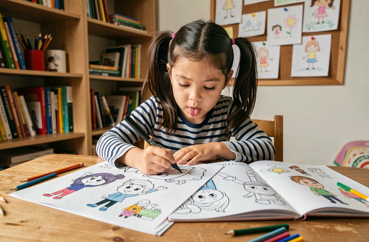 Petite fille concentrée qui colorie un dessin Mortelle Adèle avec des feutres fins à son bureau