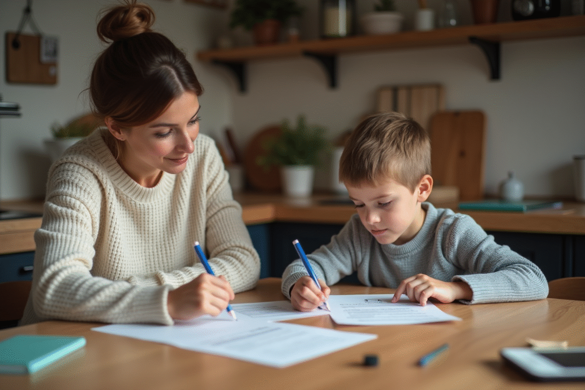 Femme et enfant remplissant des formulaires scolaires à la maison