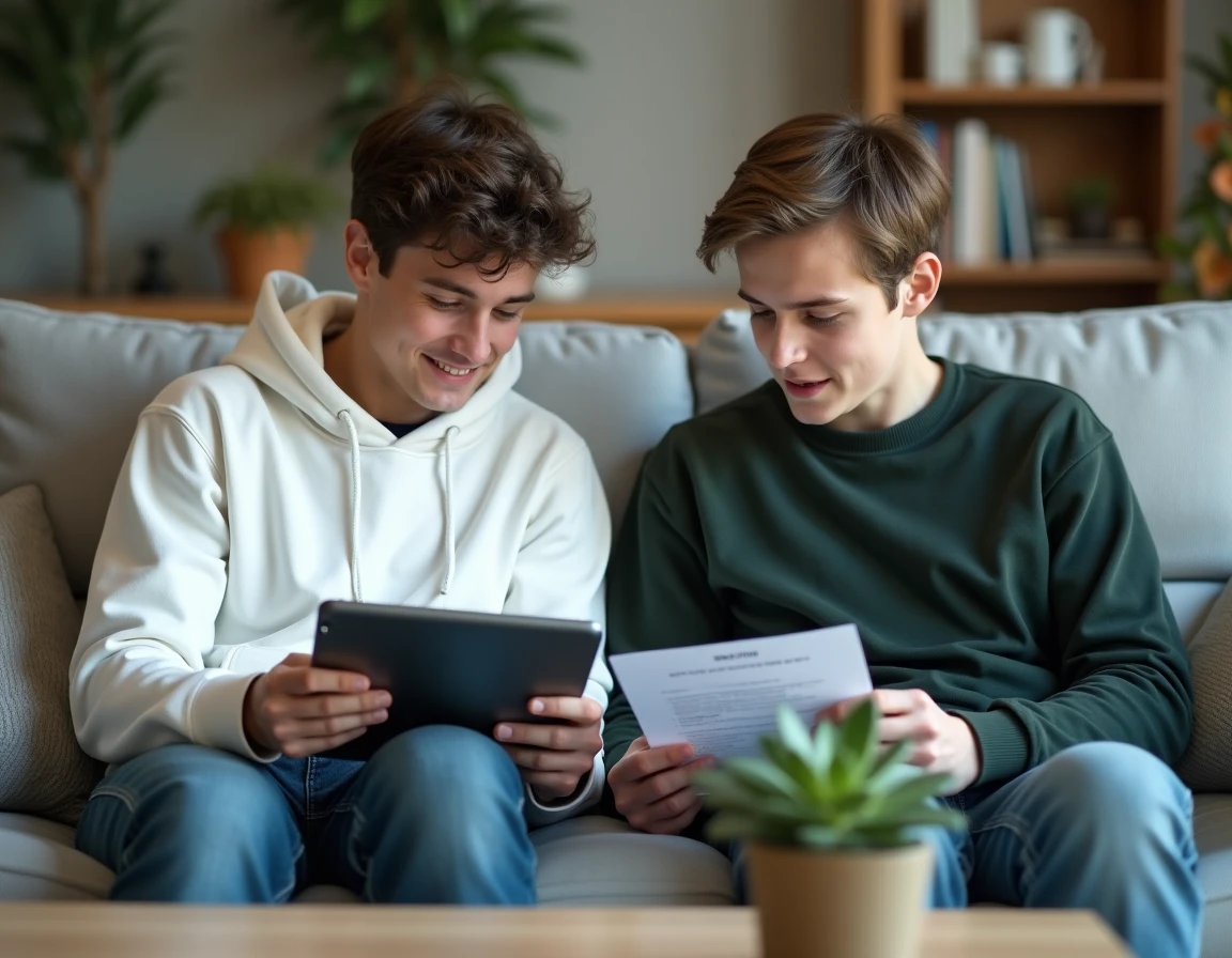 Deux frères s'entraînant ensemble sur tablette avec le PDF des 100 questions pour l'entretien de naturalisation
