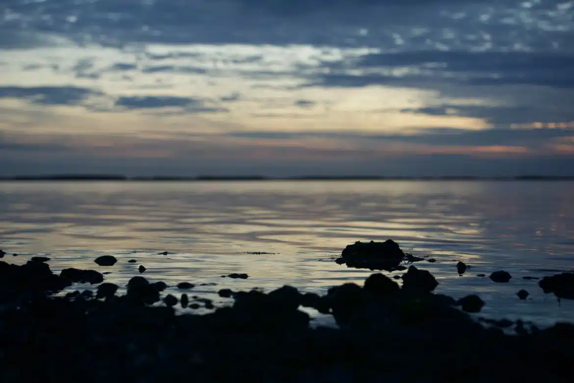 a rocky beach with a cloudy sky