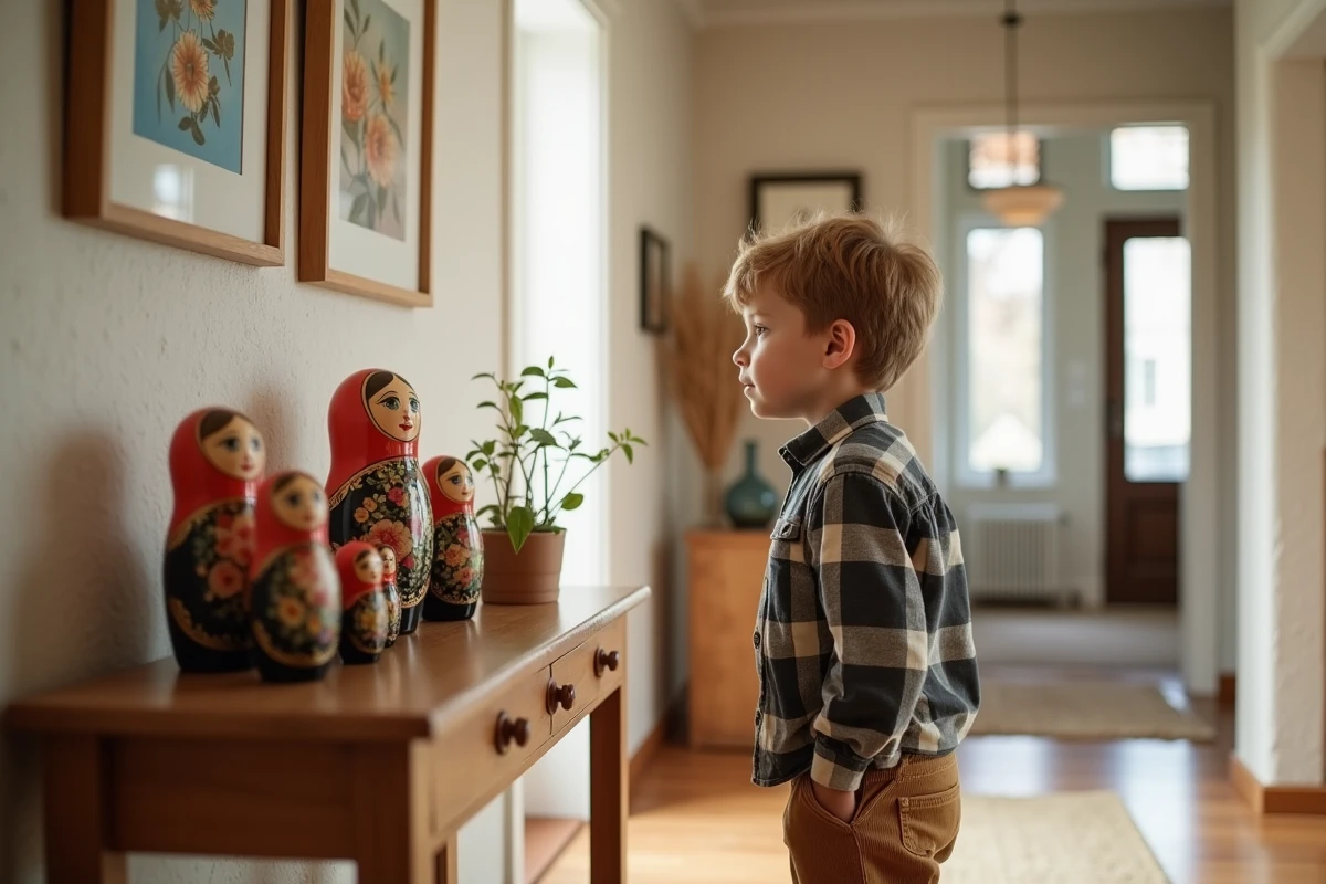 Jeune garçon observant poupées russes dans un couloir lumineux