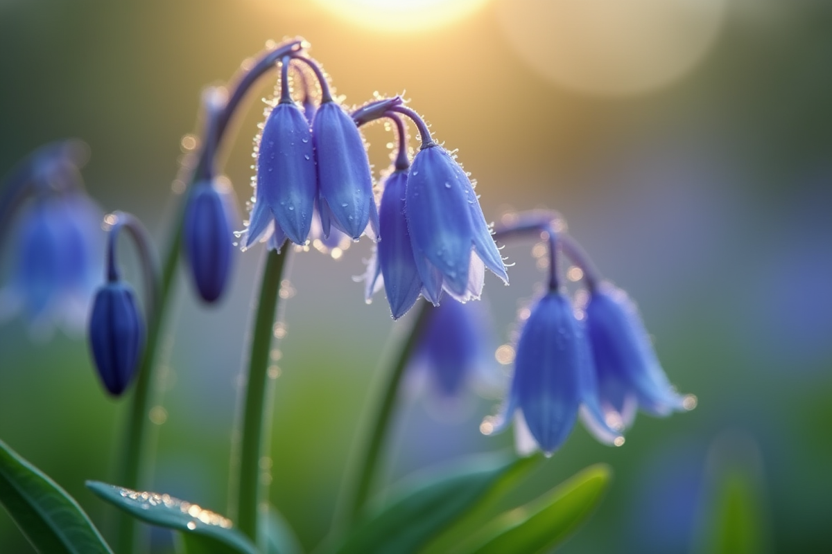 Girofle bleu en gros plan avec gouttes de rosée du matin