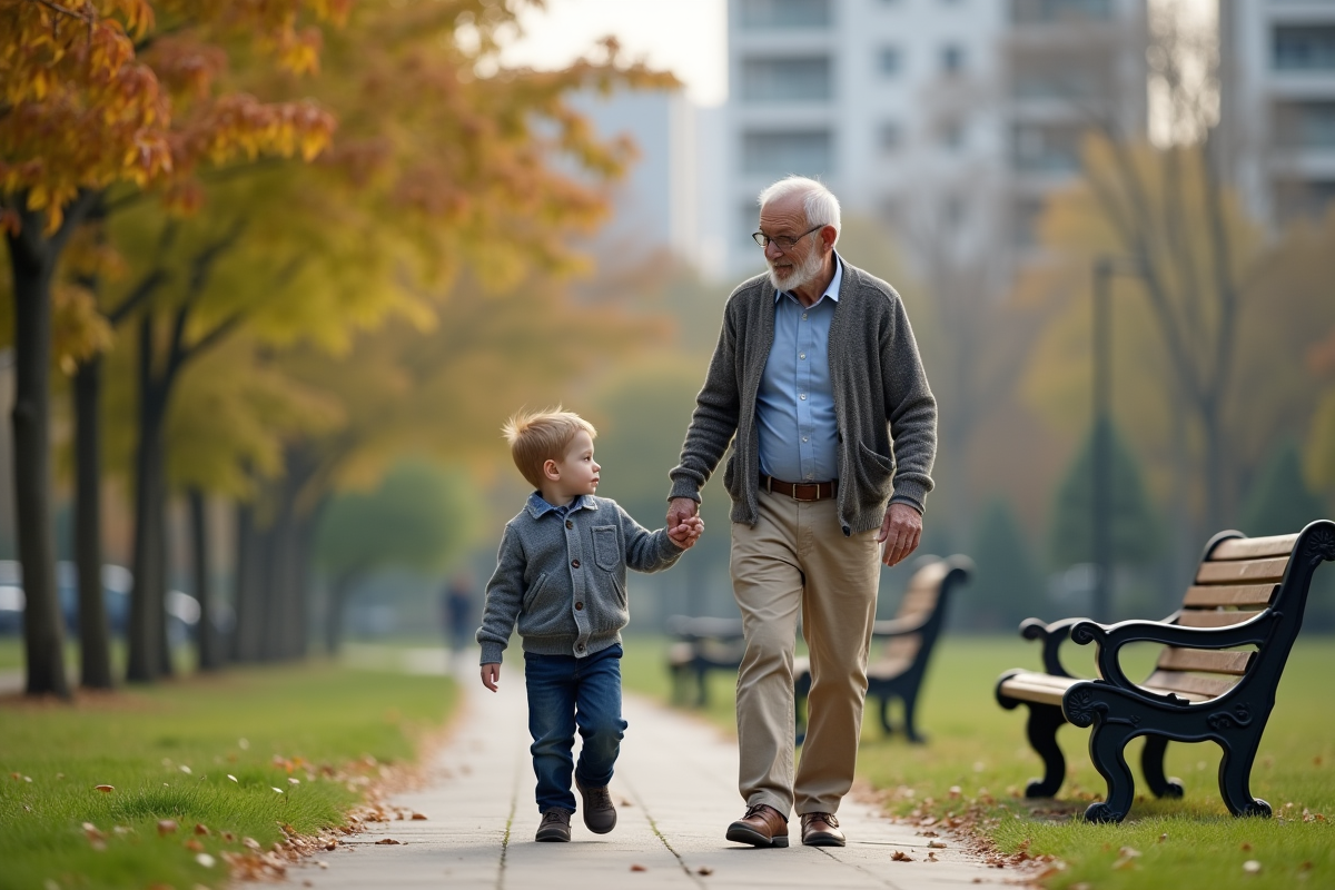 Grand-pere et enfant se promènent dans un parc urbain