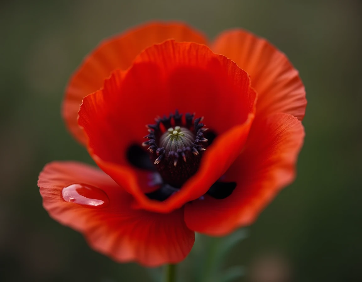 Gros plan d'un coquelicot rouge avec centre noir et étamines, symbolisme des pétales et couleurs