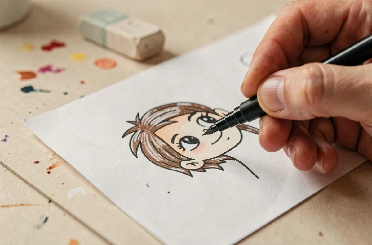 Gros plan de mains d'enfant tenant un feutre fin pour colorier précisément sans dépasser les traits