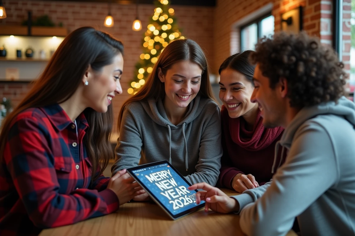Groupe d'amis créant ensemble une image de vœux Bonne Année 2026 personnalisée sur une tablette dans un café