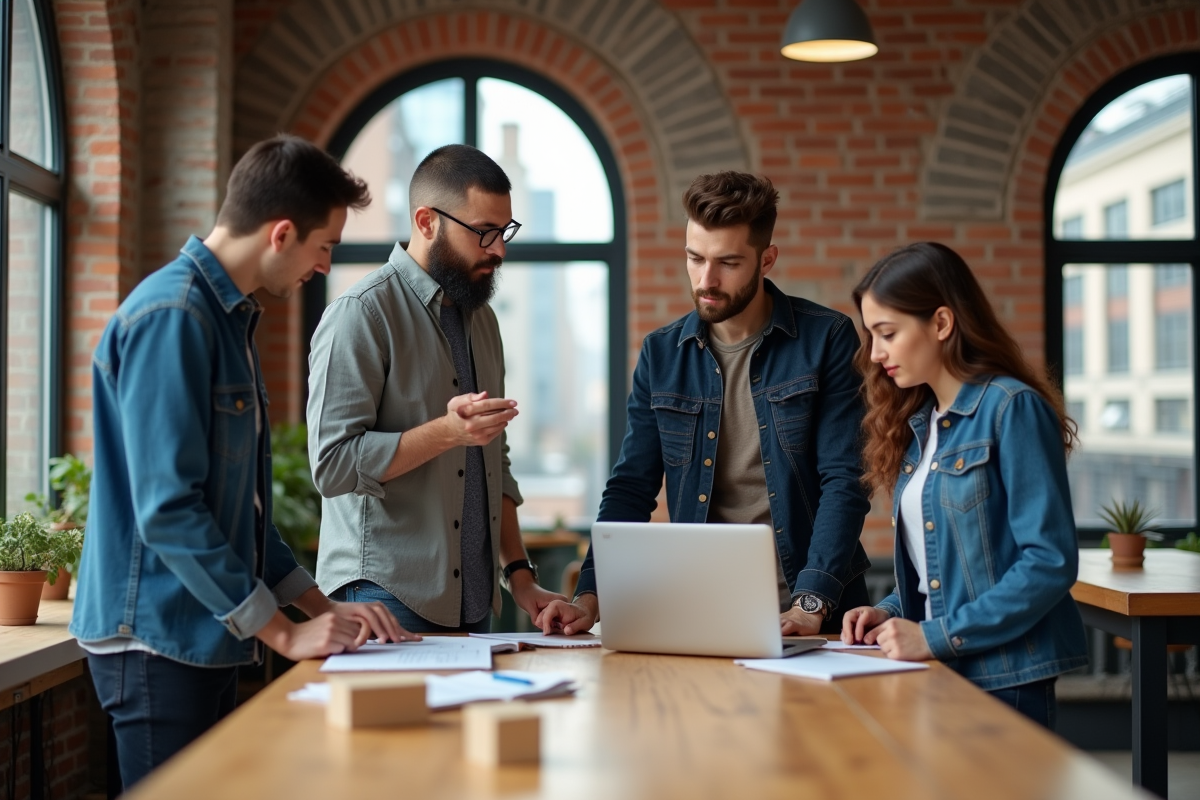 Groupe de jeunes adultes en brainstorming dans un espace urbain