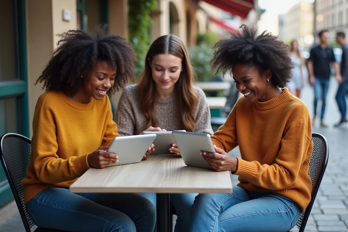 Groupe d amis discutant avec table de café en ville