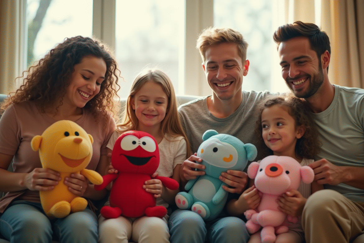Groupe d'adultes et enfants avec doudous colorés