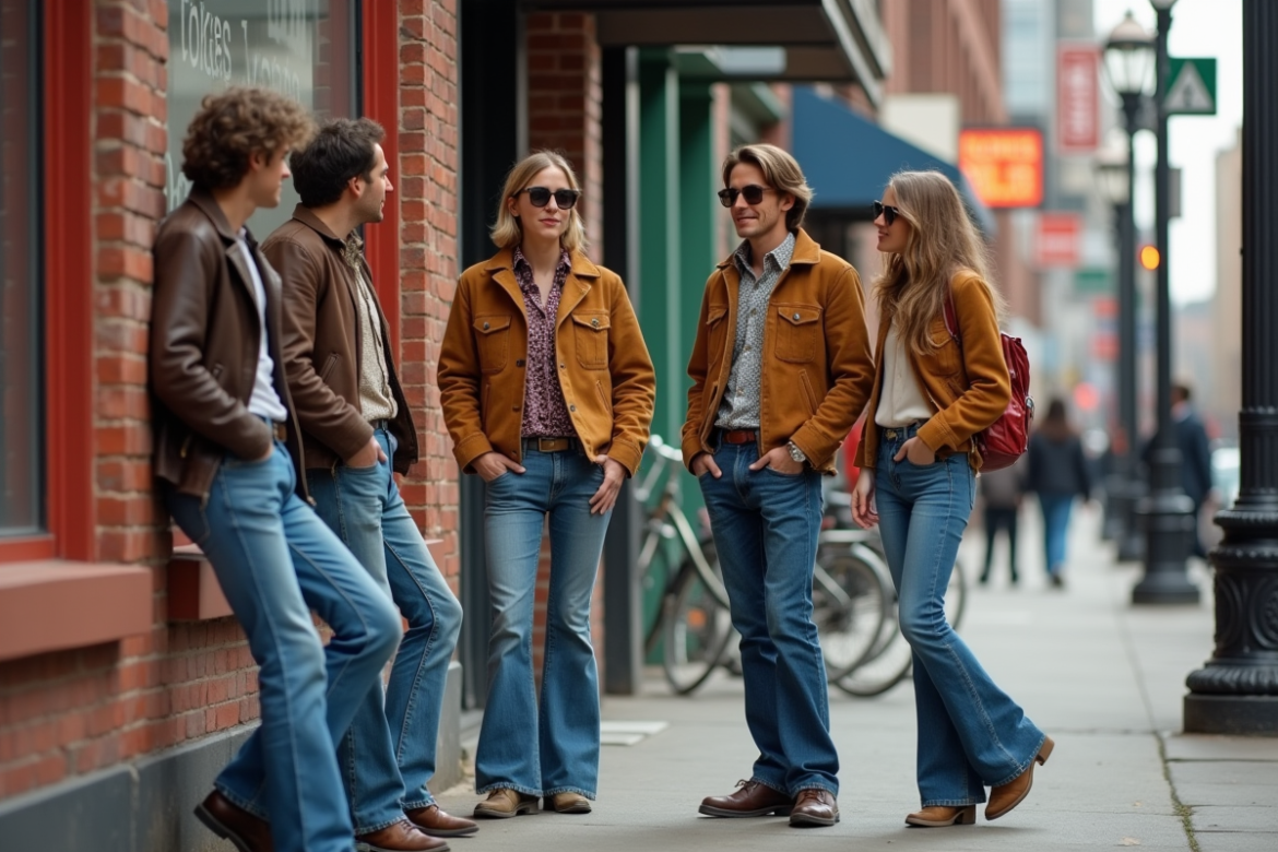 Groupe de jeunes adultes en style 70s dans la ville