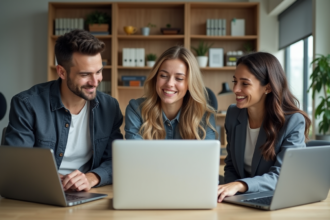 Trois jeunes professionnels autour d'un bureau moderne