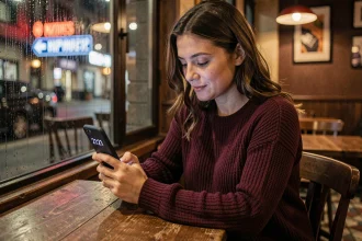 Femme contemplant l'heure miroir 21h21 sur son téléphone dans un café parisien la nuit, ambiance astrologique et romantique