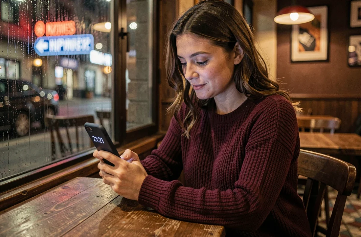Femme contemplant l'heure miroir 21h21 sur son téléphone dans un café parisien la nuit, ambiance astrologique et romantique