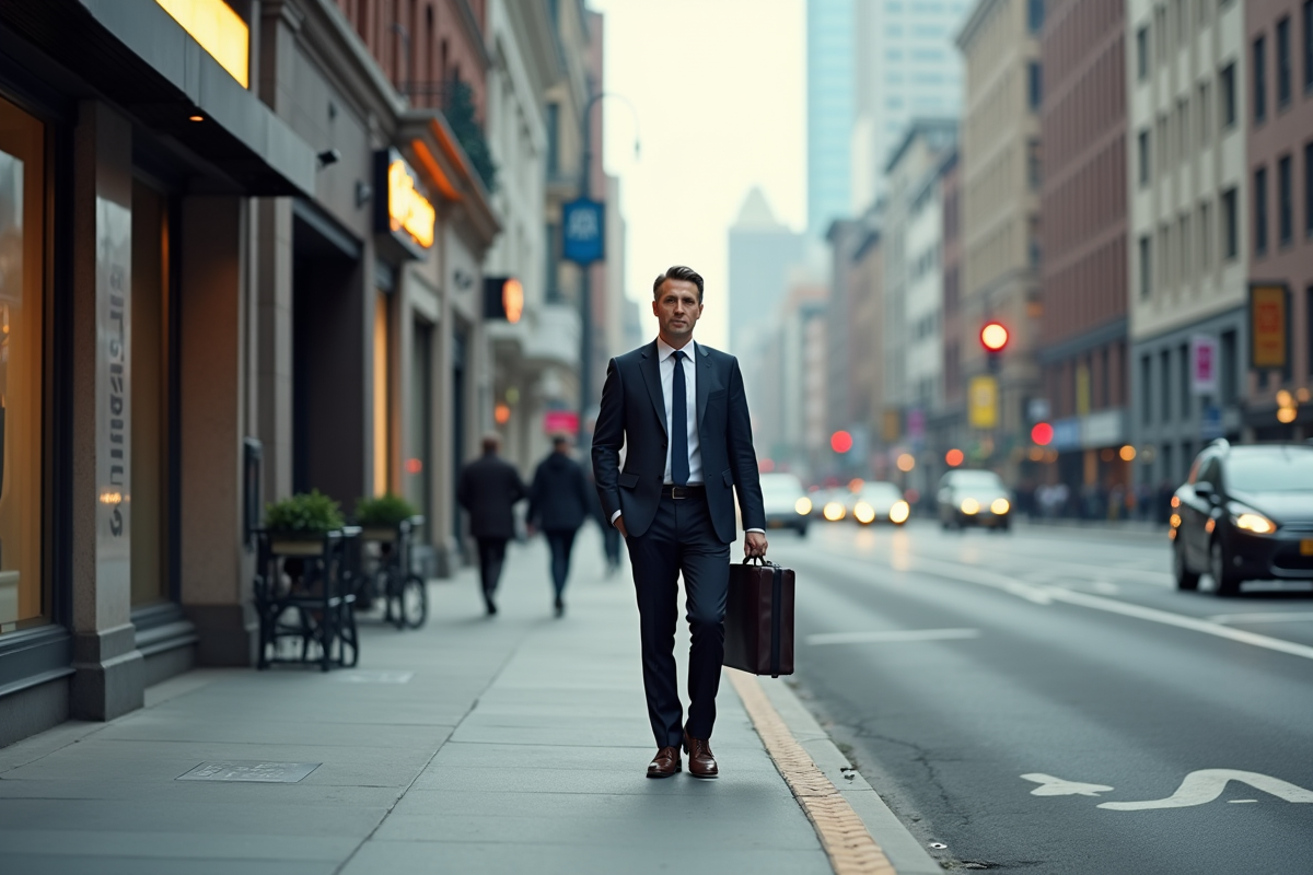 Homme d affaires hélant un bus dans la ville