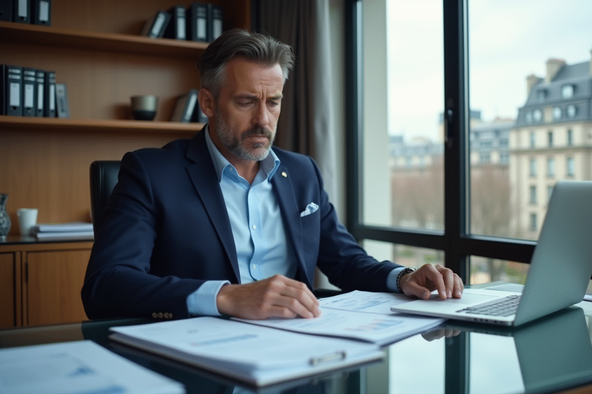 Homme d'affaires français travaillant sur des documents financiers
