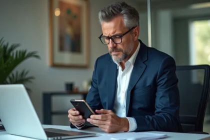 Homme d'affaires en costume regardant son smartphone