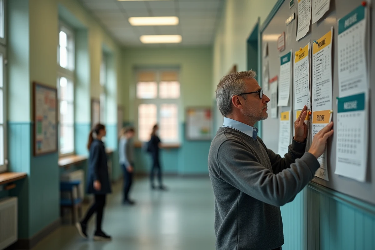 Homme affichant des calendriers scolaires dans un couloir