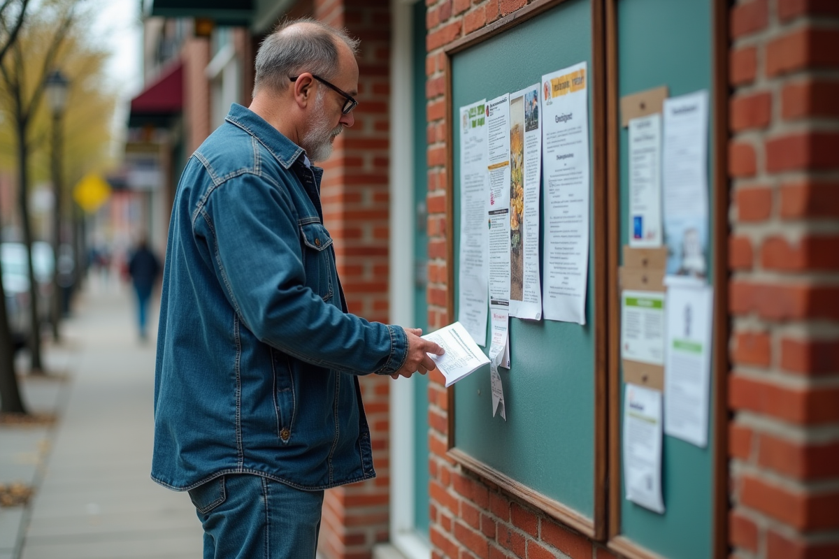 Homme lisant des flyers sur un panneau dans la rue