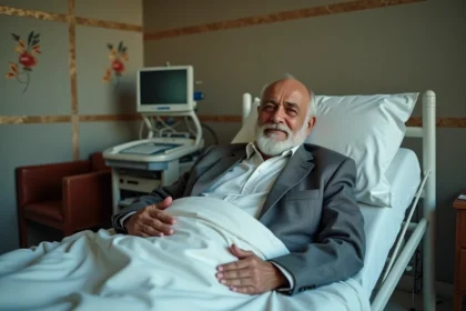 Homme âgé en costume dans un lit d'hôpital en Egypte
