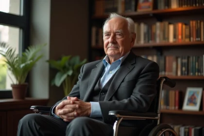 Homme age en fauteuil dans une bibliothèque moderne