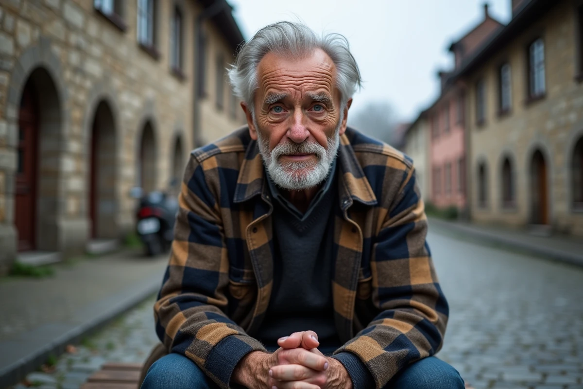 Portrait d'un homme âgé aux yeux bleus dans un village d'Europe du Nord symbolisant la prévalence des yeux bleus dans certaines populations