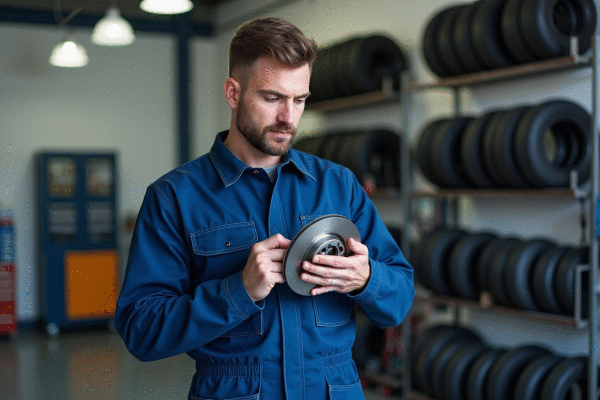 Homme en combinaison bleue examine un disque de frein haute performance