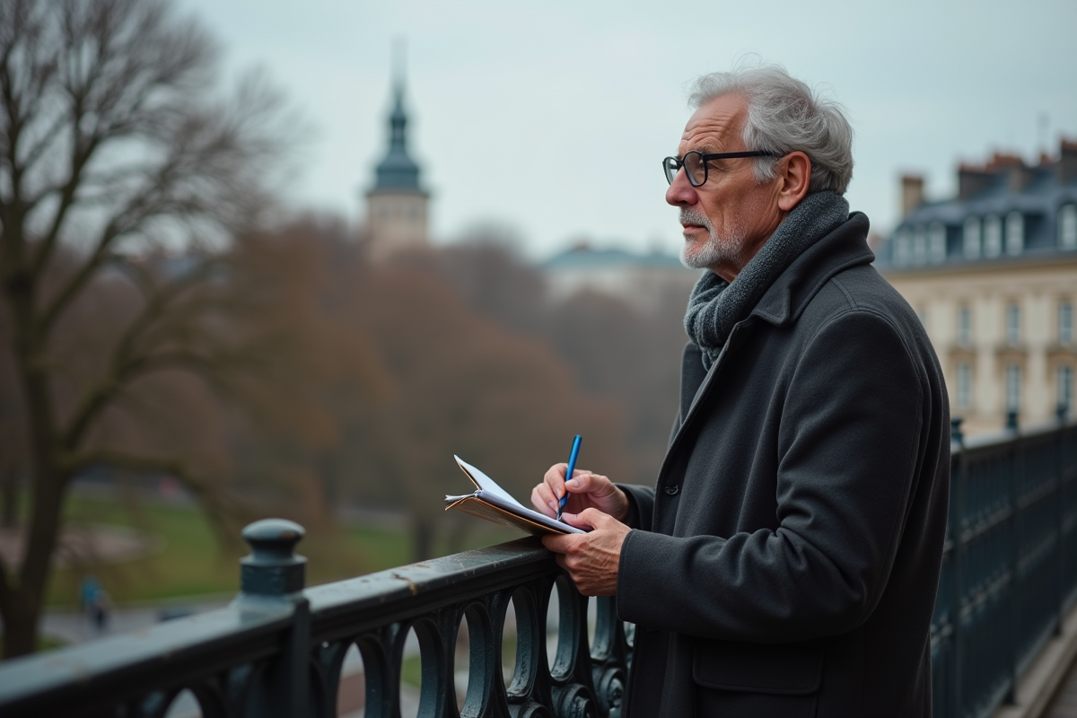 Homme français regardant depuis un balcon sur un parc urbain