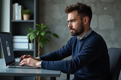 Homme concentré face à un ordinateur avec erreur VPN