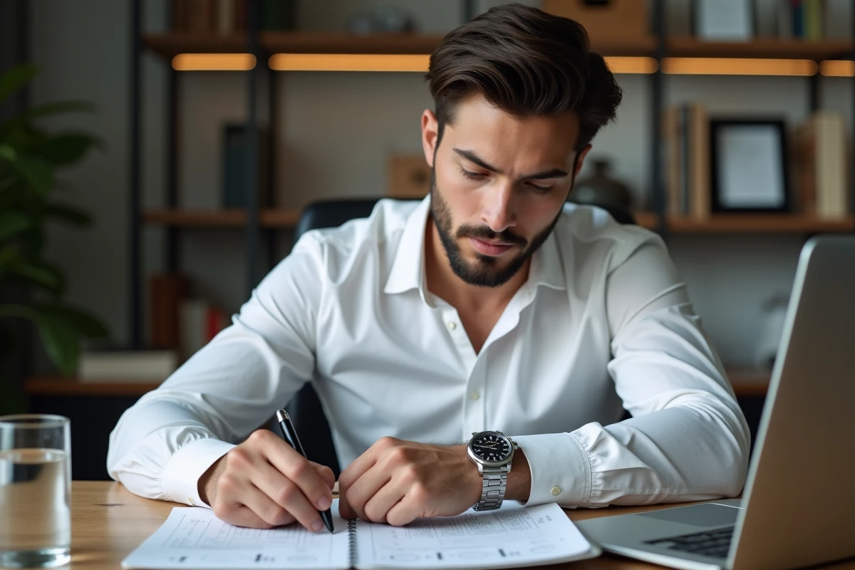 Jeune homme compare deux montres analogiques avec un stylo