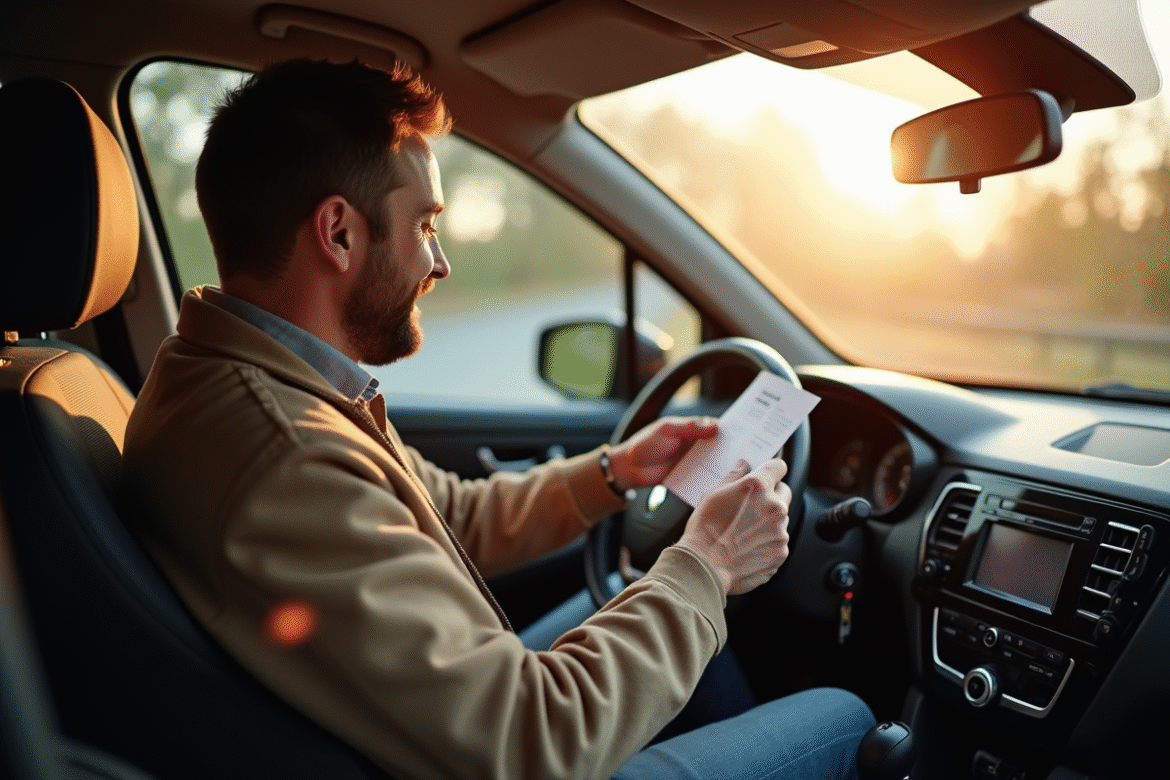 Homme souriant dans une Renault vérifiant un code radio
