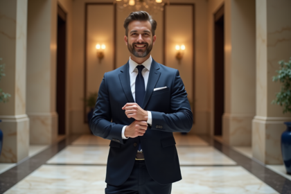 Homme en costume navy élégant ajustant ses manchettes