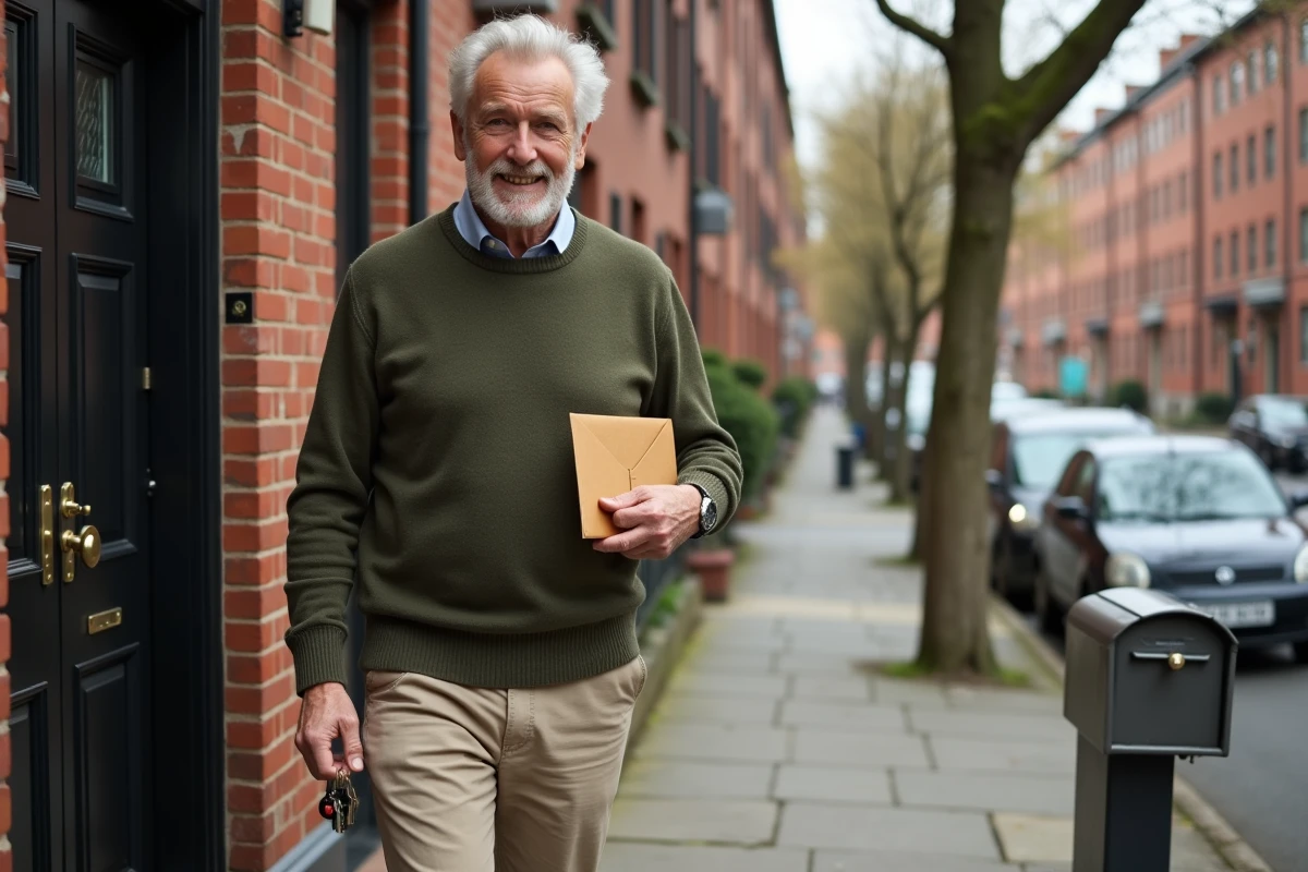 Homme sortant de sa maison avec clés et enveloppe dans une rue urbaine