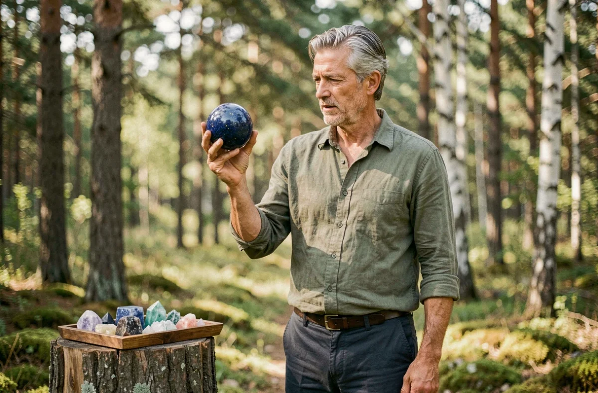 Homme en forêt tenant une sphère de lapis-lazuli, explorant l'énergie des pierres naturelles en plein air