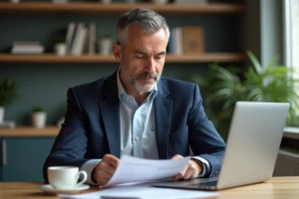 Homme français en costume lisant des documents dans une cuisine moderne