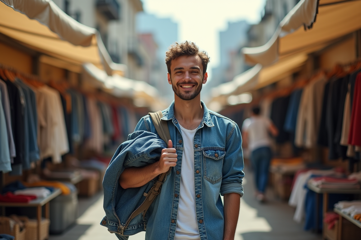 Jeune homme dans un marché aux puces en plein air