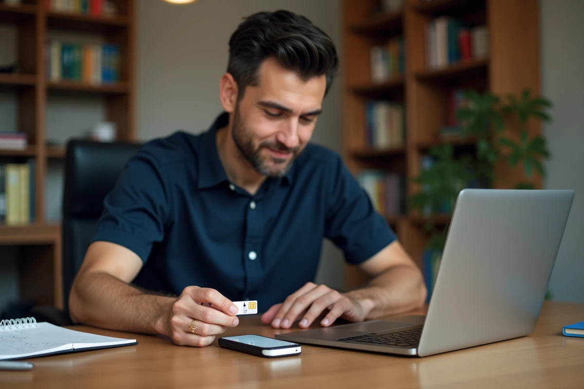 Homme insérant une carte SIM Lyca dans un smartphone sur un bureau à domicile
